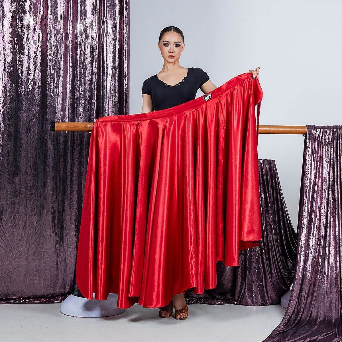 Red paso doble cape flamenco dance skirt, front view