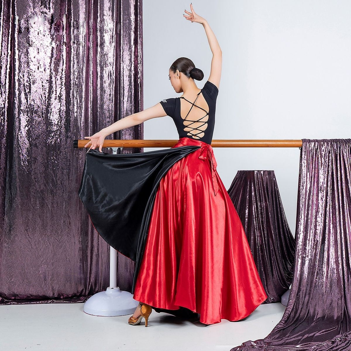 Red paso doble cape flamenco dance skirt, back view