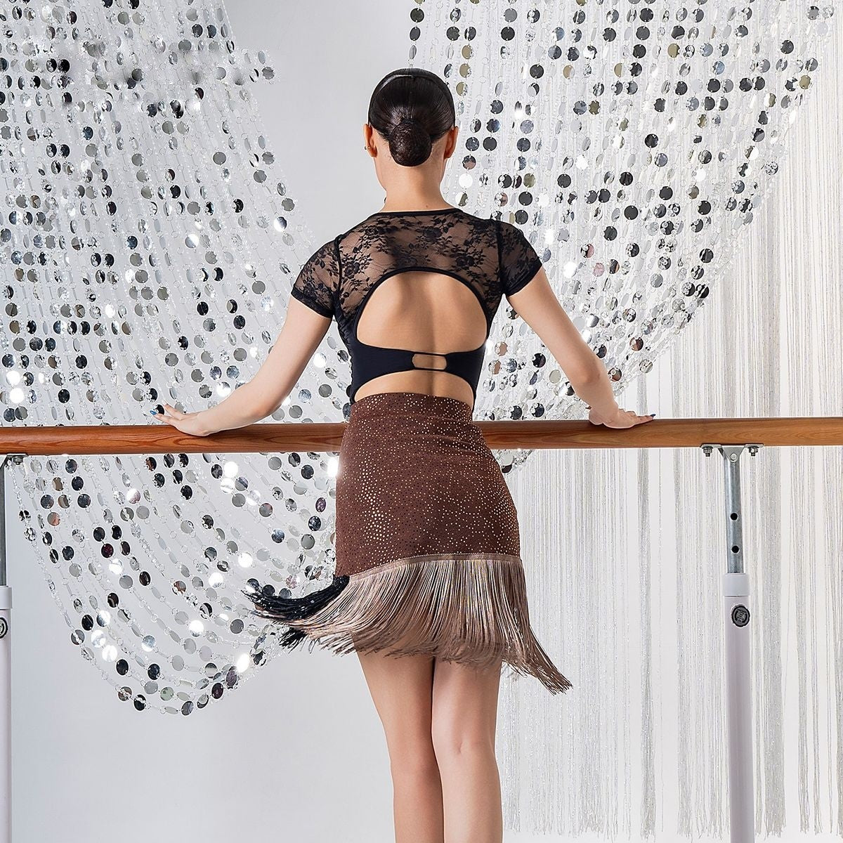Coffee polka dot fringe Latin dance skirt, back view