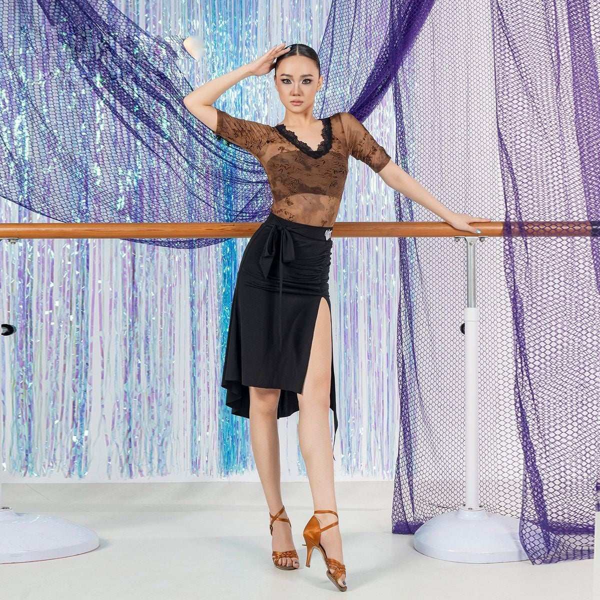 Black high low tie waist Latin dance skirt, front view