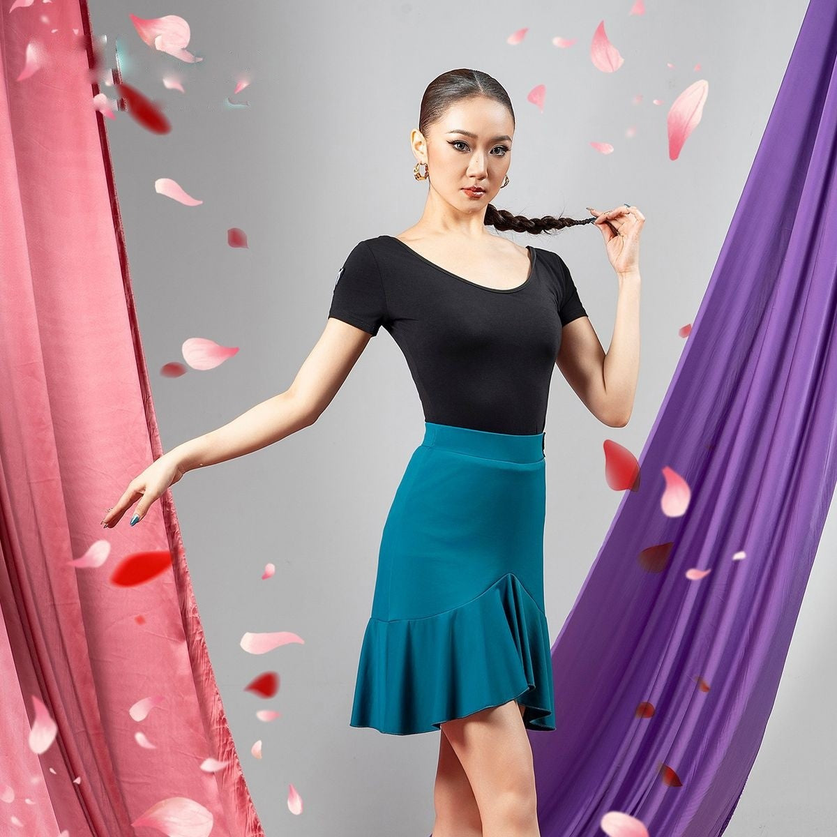 Turquoise diagonal flounce Latin dance skirt, front view
