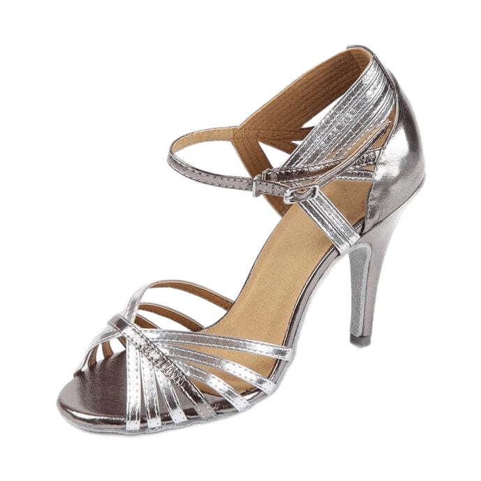 silver metallic latin dance shoe for women with fanned multi-strand toe straps, pewter side panels and a stiletto heel