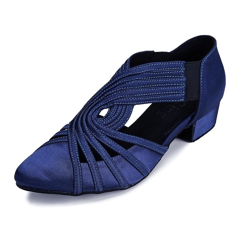 navy blue satin closed-toe ballroom dance shoe for women, woven crisscross straps, low cuban heel