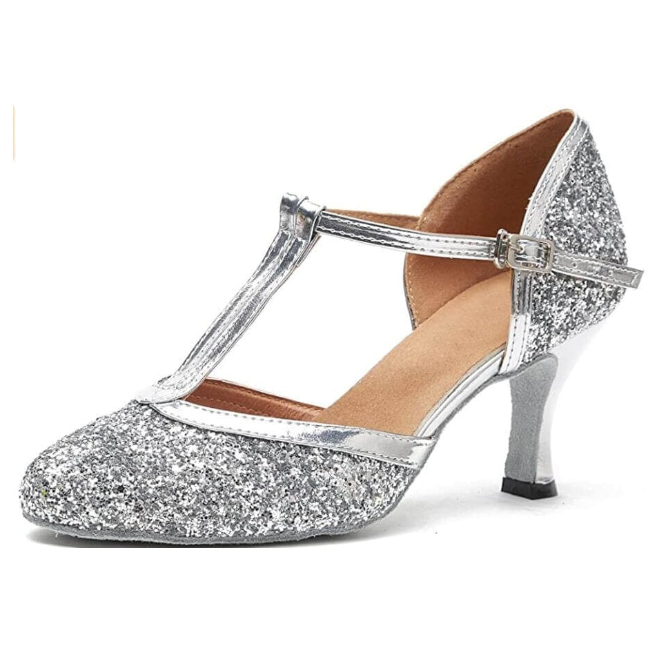 silver glitter closed-toe ballroom dance shoe for women, t-strap with buckle and tapered heel