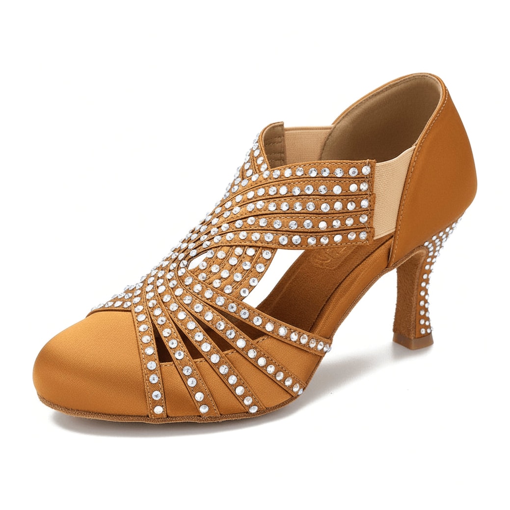tan satin closed-toe ballroom dance shoe for women, rhinestone-covered vamp with elastic side panel