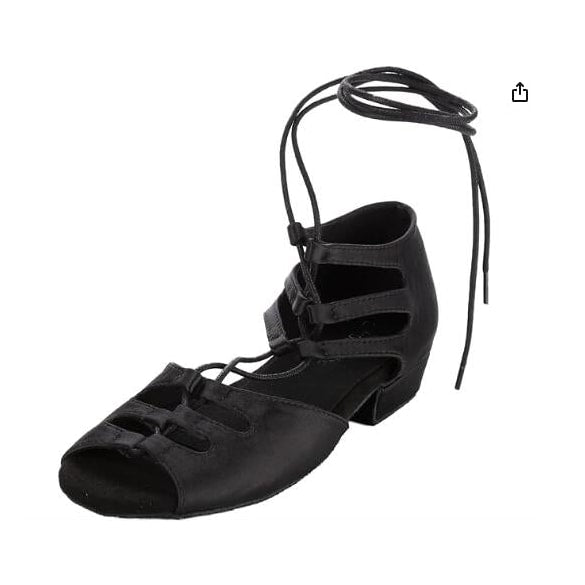 black satin flat lace-up latin dance shoe for women with cutout side panels, ankle ties and a peep toe