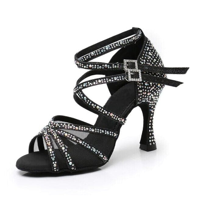 black satin ballroom dance shoe for women with mesh panels, AB rhinestone straps and double buckles