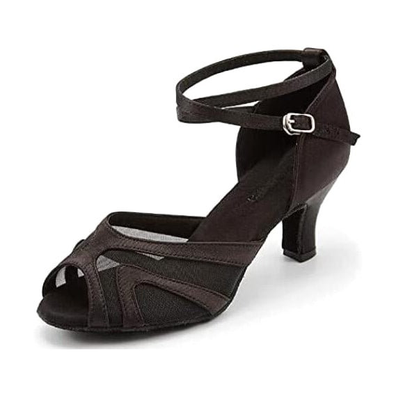 black satin latin dance shoe for women with mesh cutout panels across the vamp, crossed ankle straps and a flared heel