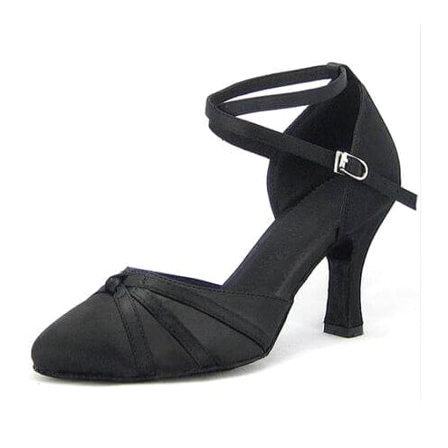 black satin closed-toe ballroom dance shoe for women, crisscross ankle strap, small bow, slender heel