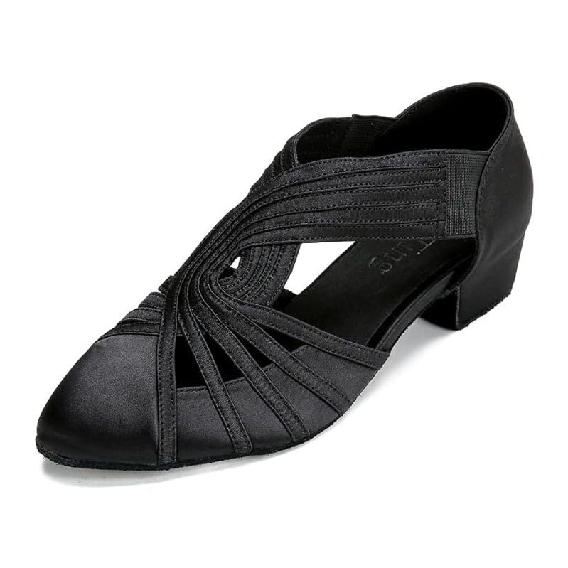 black satin closed-toe ballroom dance shoe for women, woven crisscross straps, low cuban heel
