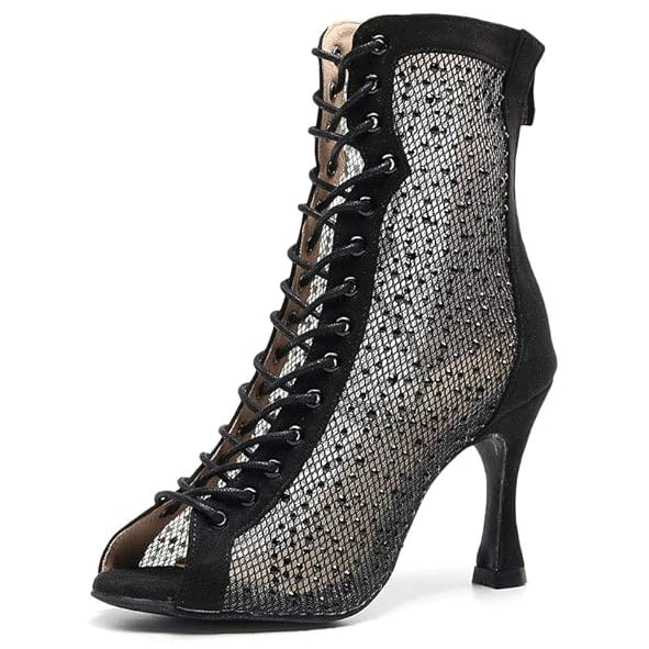black suede lace-up open-toe dance boot for women, glitter mesh side panel and slim stiletto heel