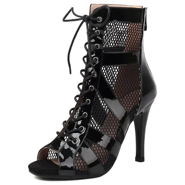 black patent and honeycomb mesh open-toe dance boot for women, front lacing and a side zip