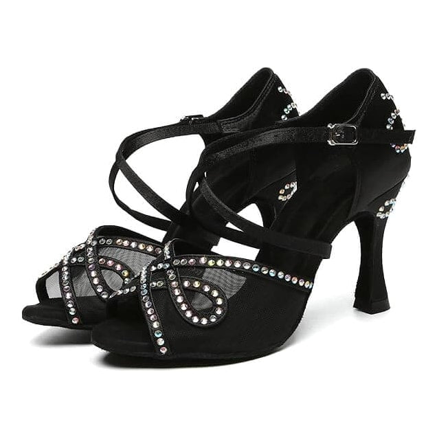 pair of black satin dance shoes for women with mesh inserts and AB rhinestone loop toe design