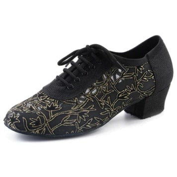 black mesh ballroom dance shoe for women, gold floral embroidery, lace-up vamp, 1.5 inch cuban heel