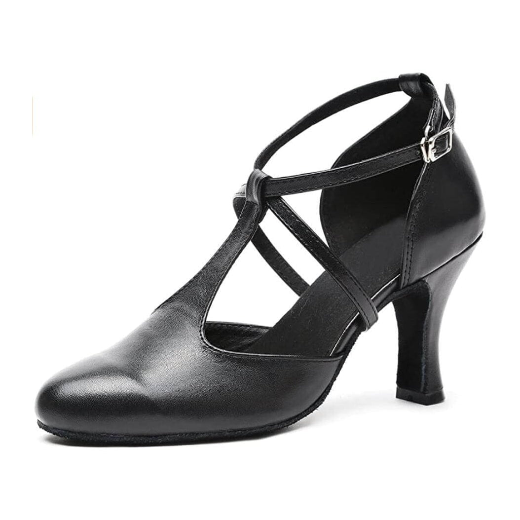 black leather closed-toe ballroom dance shoe for women, crisscross ankle strap, flared heel, side view