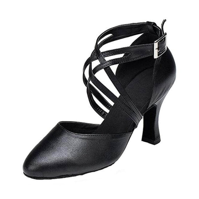 black leather closed-toe ballroom dance shoe for women, crisscross ankle straps, curved heel, side view
