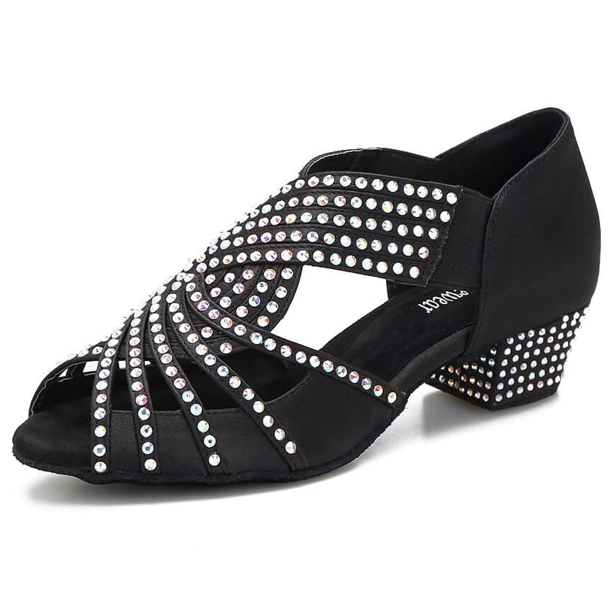 black satin rhinestone cuban heel dance shoe for women, open toe and crystal-studded low block heel