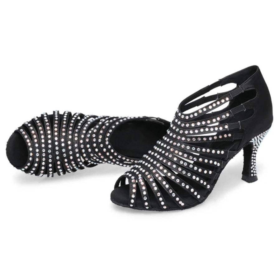 black satin ballroom dance heel for women with rhinestone-lined caged straps and crystal-studded heel