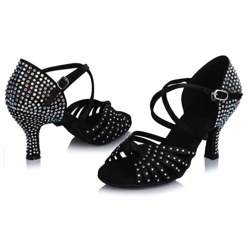 pair of black satin performance dance shoes for women covered in AB rhinestones with open toe