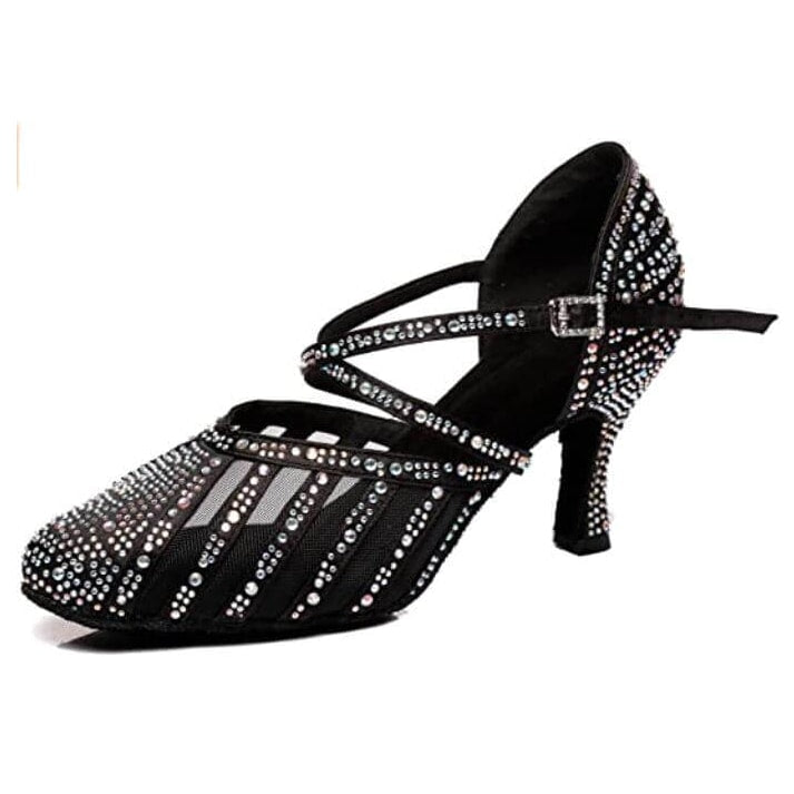 black satin, mesh and rhinestone closed-toe ballroom dance shoe for women, crisscross ankle strap, side view
