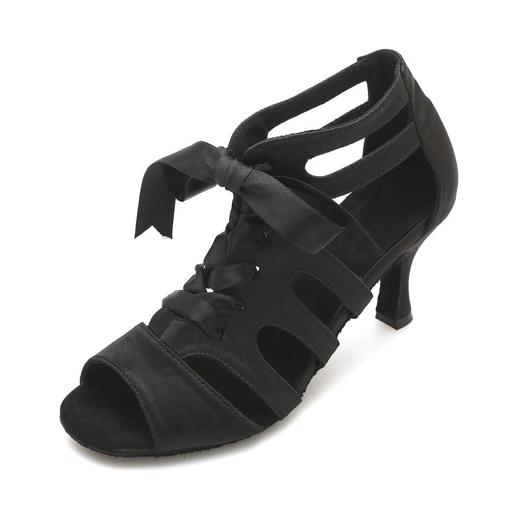black satin lace-up latin dance boot for women with ribbon laces, cutout side panels, peep toe and a flared heel