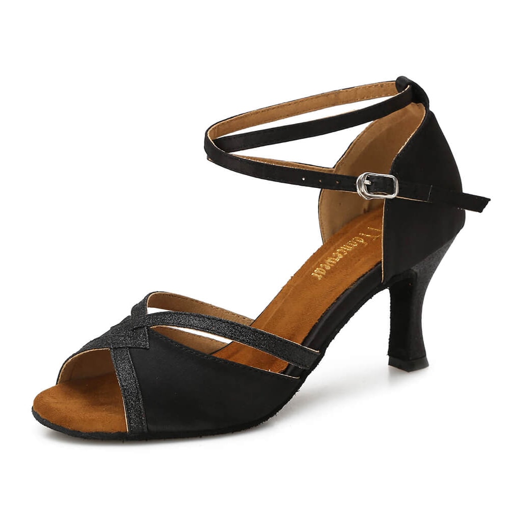 black satin latin dance shoe for women with glitter trimmed crossover straps, crossed ankle strap and a flared heel