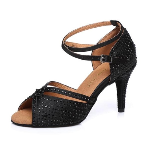 black satin ballroom dance shoe for women covered in black rhinestones, peep toe and crossed ankle strap