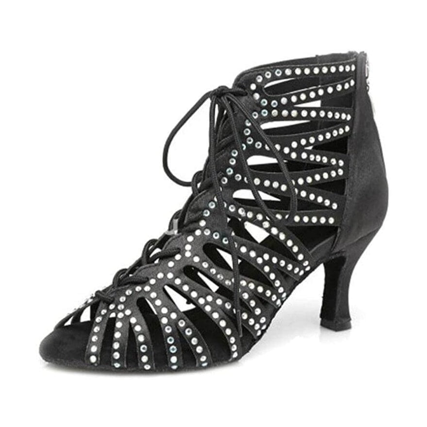 black satin caged dance boot for women with rows of silver rhinestone studs and a flared heel