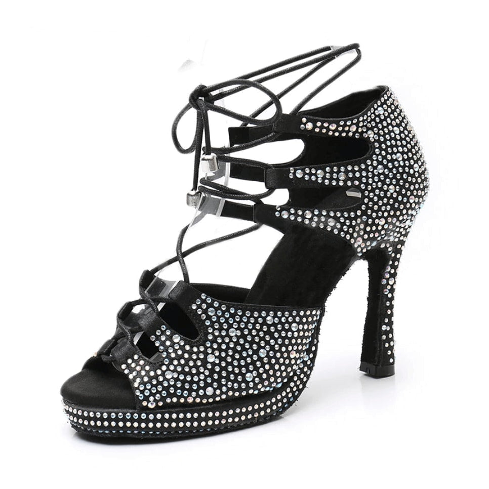 black satin lace-up samba platform dance heel for women covered in silver rhinestones, with cutout side panels and peep toe