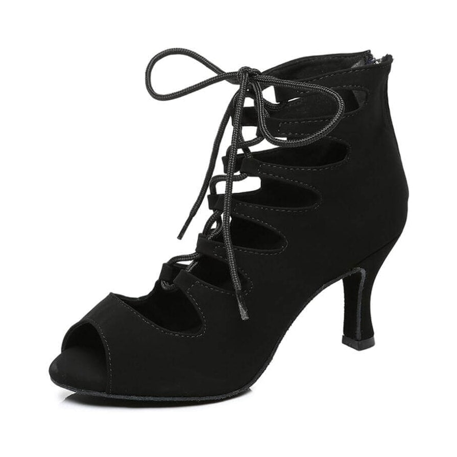 black suede lace-up peep-toe dance boot for women, teardrop side cutouts and a curved flared heel