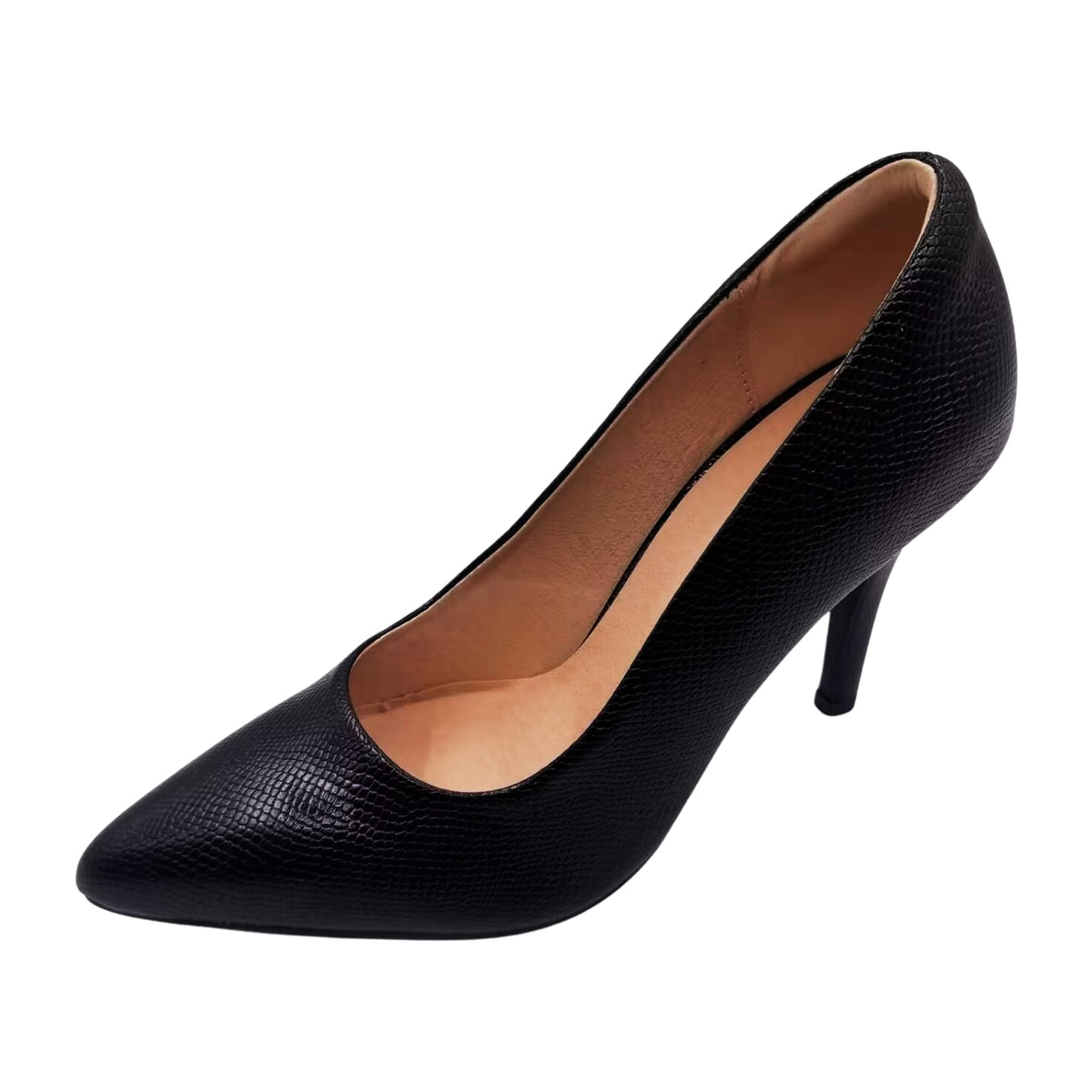 black textured leather pointed-toe dance shoe for women, low-cut vamp and slim stiletto heel
