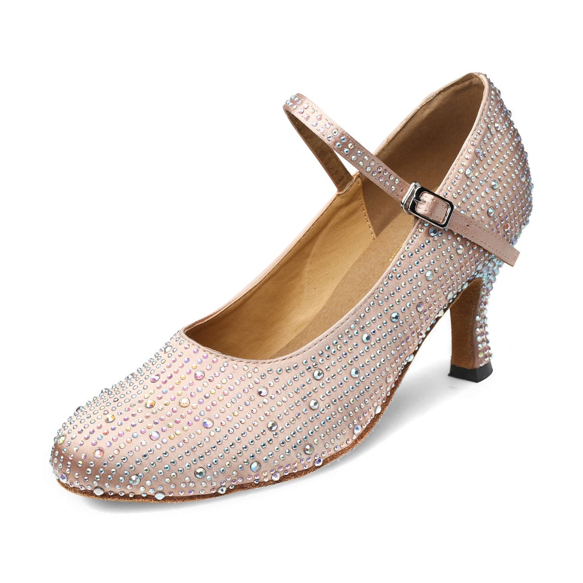 nude satin closed-toe ballroom dance shoe for women, fully embellished with rhinestone crystals and ankle strap