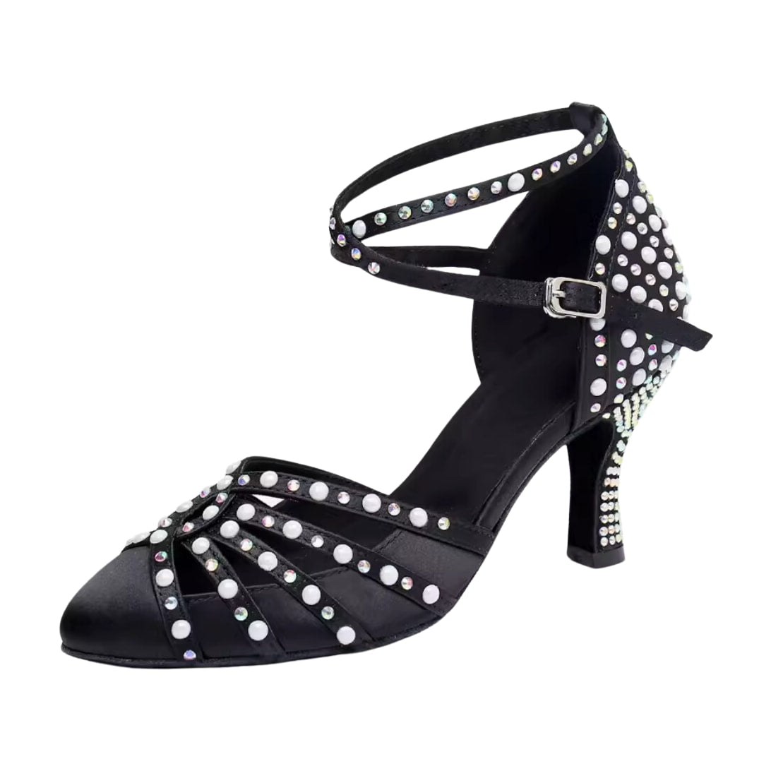 black satin closed-toe ballroom dance shoe with pearl and rhinestone sunburst toe design, crisscross strap