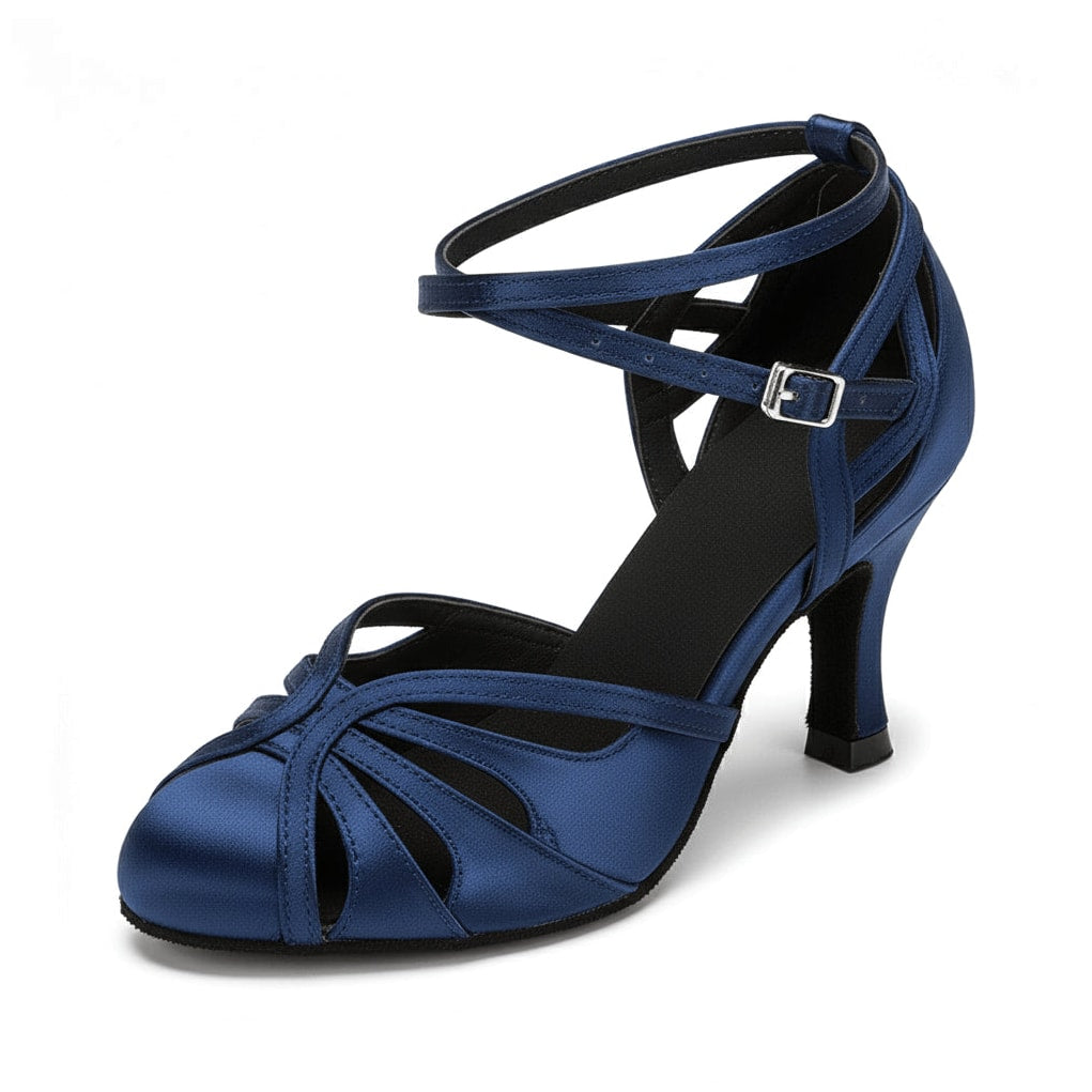 navy blue satin closed-toe ballroom dance shoe for women, cutout toe design and crisscross ankle strap