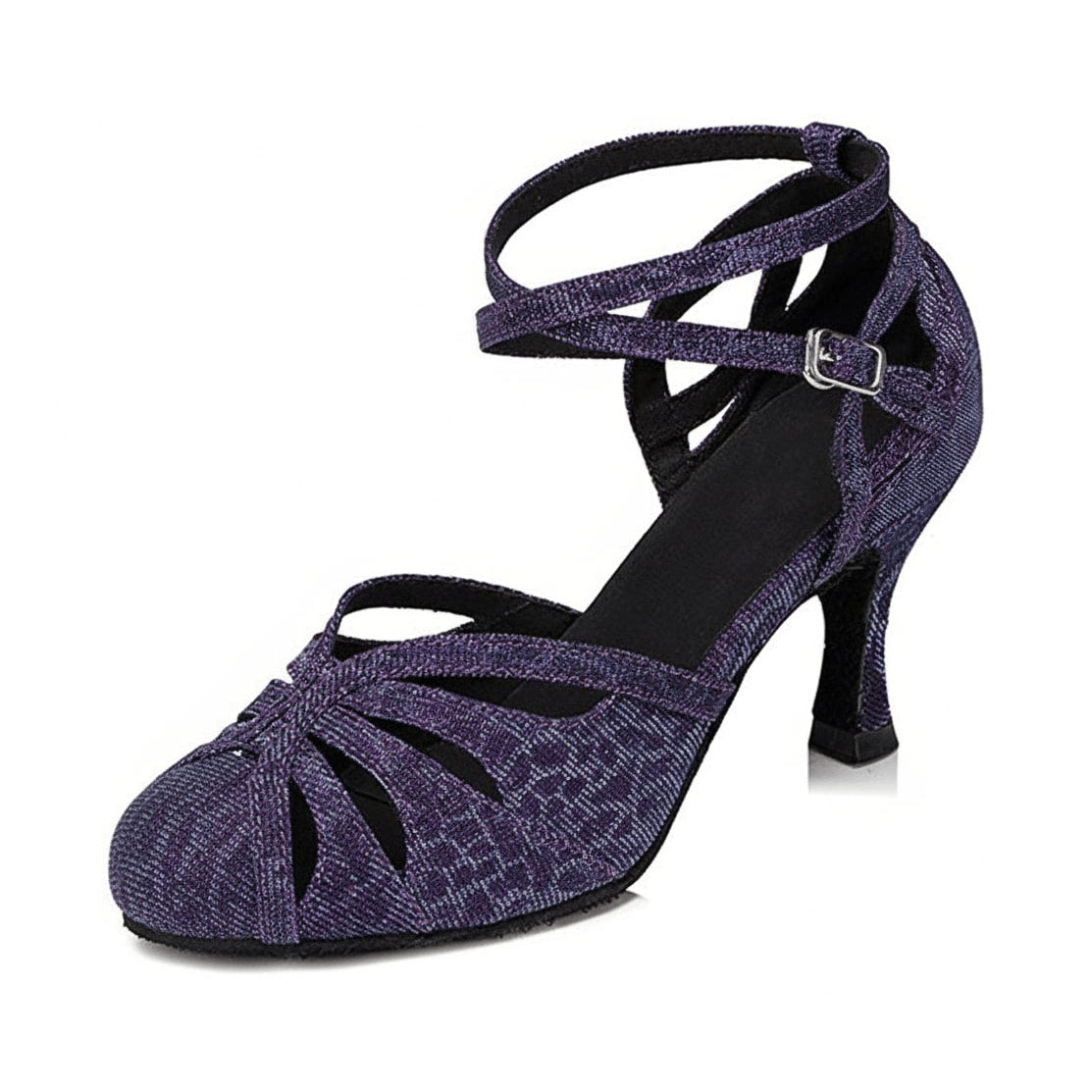 purple sparkle closed-toe ballroom dance shoe for women, crisscross ankle straps and cutout vamp