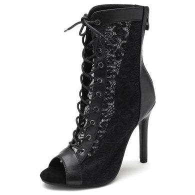 black lace-panel peep-toe dance boot for women, front lace-up over eyelets and slim stiletto heel