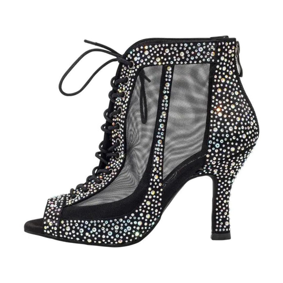 side view of black mesh dance boot for women trimmed with iridescent rhinestones and laced front
