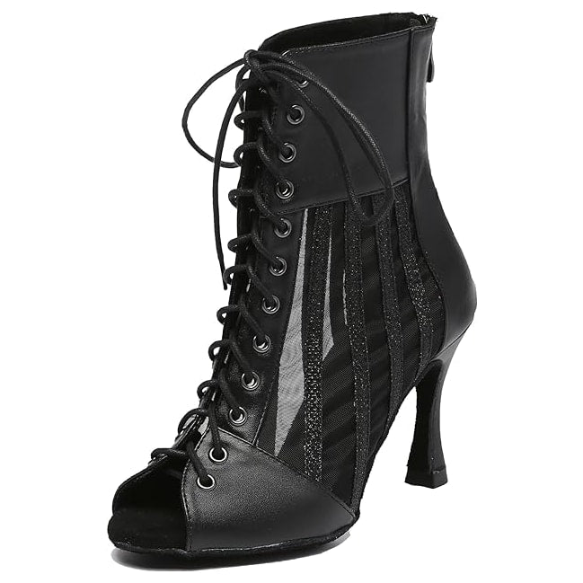 black leather dance boot for women with sheer mesh panels, glitter stripes and lace-up open toe
