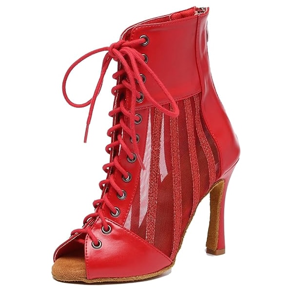 red patent lace-up open-toe dance boot for women, glitter striped mesh side panel and tan suede sole