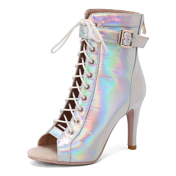 holographic silver dance boot for women, lace-up peep-toe shaft with ankle buckle and stiletto