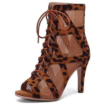 leopard print suede and mesh lace-up open-toe dance bootie for women, tan laces and slim stiletto heel