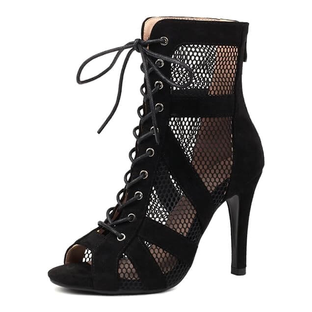 black suede dance boot for women with honeycomb mesh panels, long lace-up front and peep toe