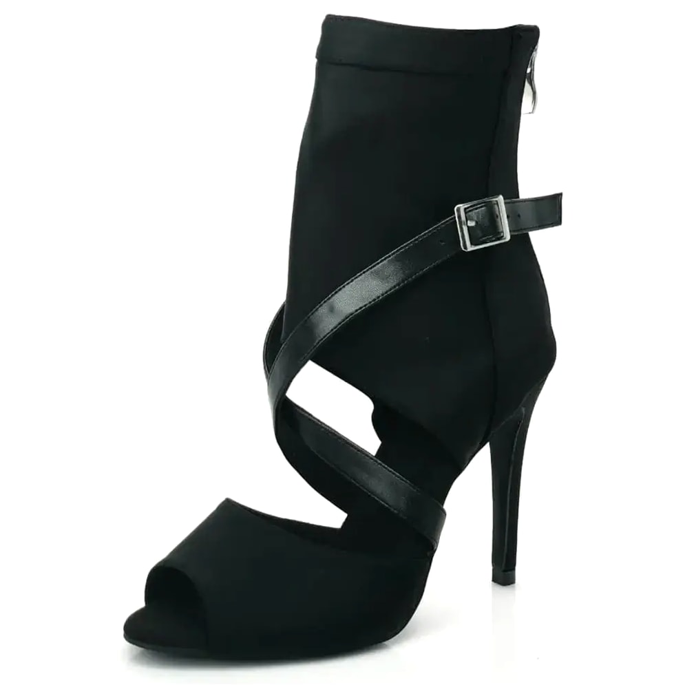 black satin peep-toe dance boot for women, crossover patent ankle strap with buckle and back zip