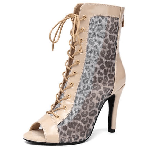 nude patent and leopard mesh lace-up open-toe dance boot for women, back zip and tall slim stiletto heel