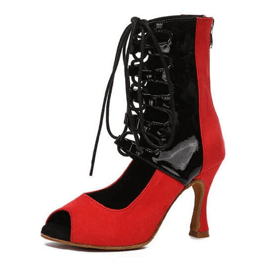 red suede and black patent dance boot for women, black lace-up panel and peep toe flared heel