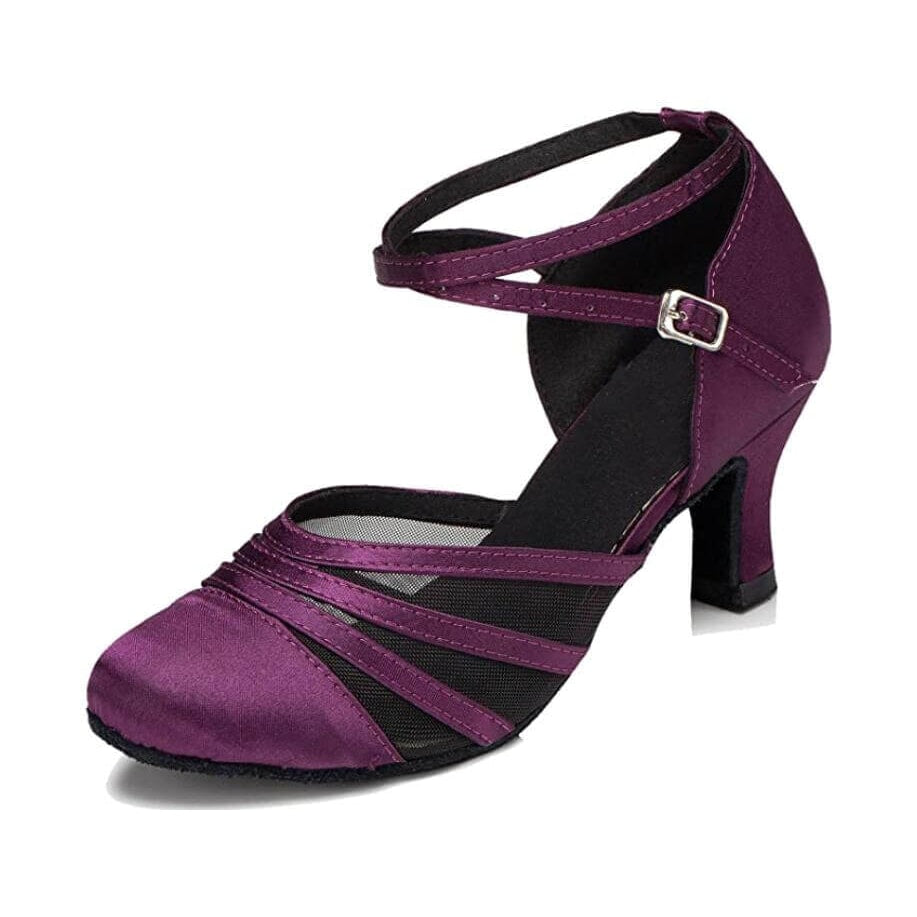 dark purple satin closed-toe ballroom dance shoe for women, mesh panel with cross ankle strap