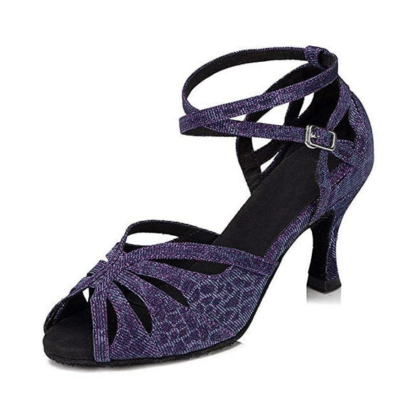 dark purple sparkle latin dance shoe for women with a fanned cutout vamp, crossed ankle straps and a flared heel