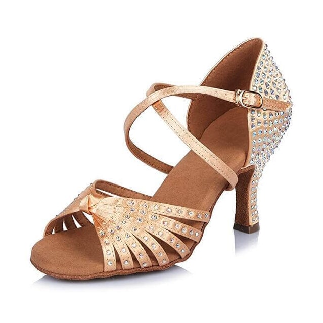 flesh satin rhinestone performance dance heel for women, crystal fan toe and crystal-set flared heel