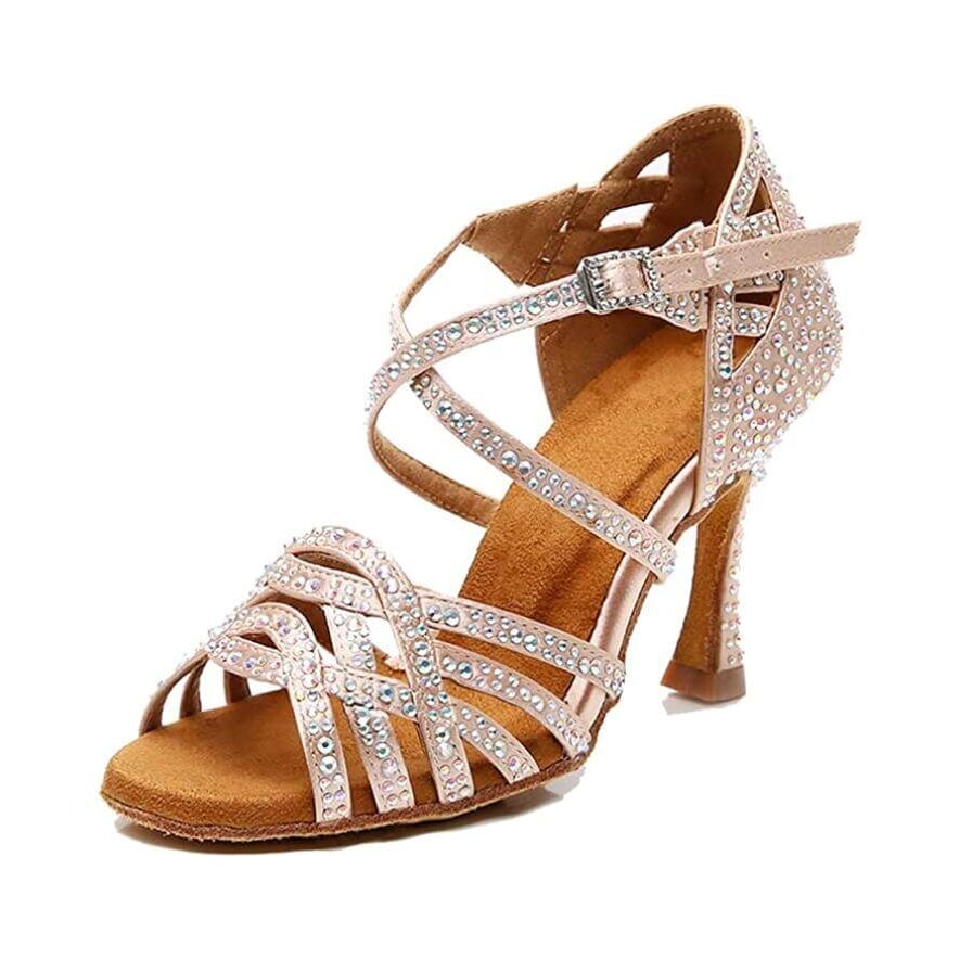 flesh satin rhinestone ballroom dance shoe for women, crystal-covered straps and crossed ankle strap