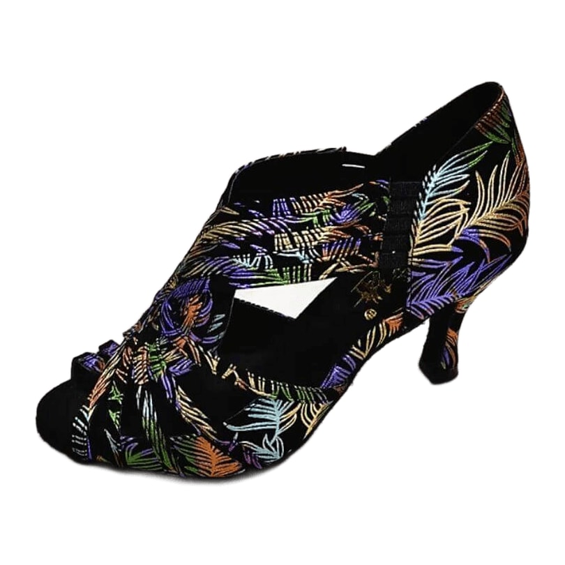 black latin dance shoe for women in a multicolour feather print with a knotted vamp, side cutout and low flared heel